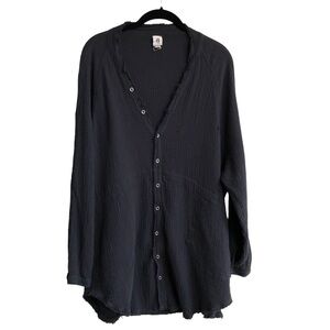 Flawless Womens Long Sleeve Black Crinkle Cotton Tunic Top Lagenlook Pockets Med